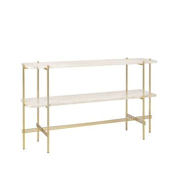 Mesa de apoio 120x30x72 cm TS Console - travertino branco neutro, estrutura latão, 2 prateleiras em mármore - GUBI