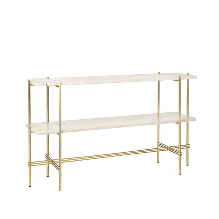 Mesa de apoio 120x30x72 cm TS Console, travertino branco neutro, estrutura latão, 2 prateleiras em mármore GUBI