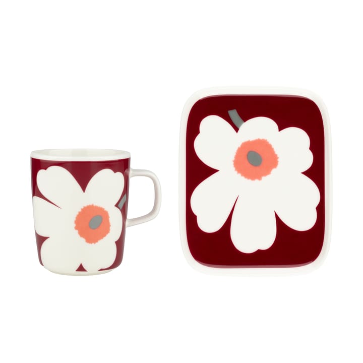 Chávena Unikko 60º aniversário 25 cl + prato 12x15 cm - White-dark cherry-ash grey - Marimekko