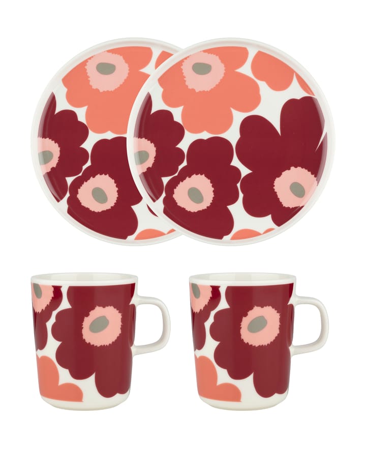 Conjunto de pequeno almoço Unikko, White-dark cherry-salmon red Marimekko