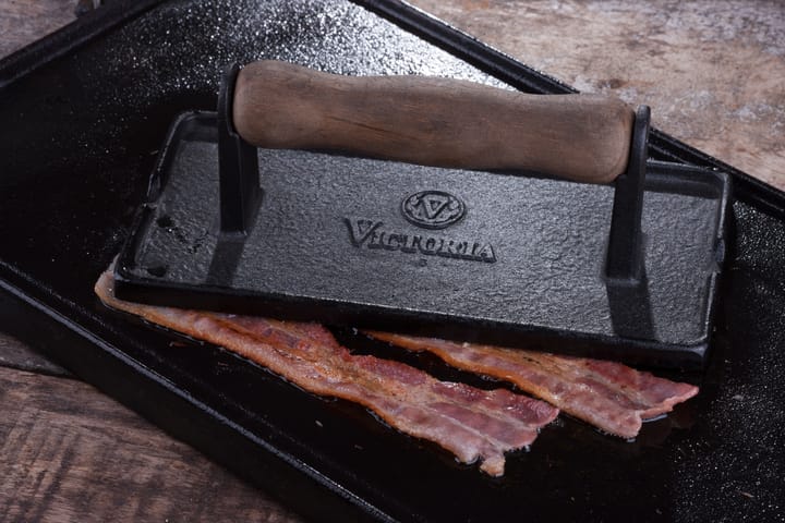 Prensa de bacon e grelha em ferro fundido com cabo de madeira, 21x11 cm Victoria