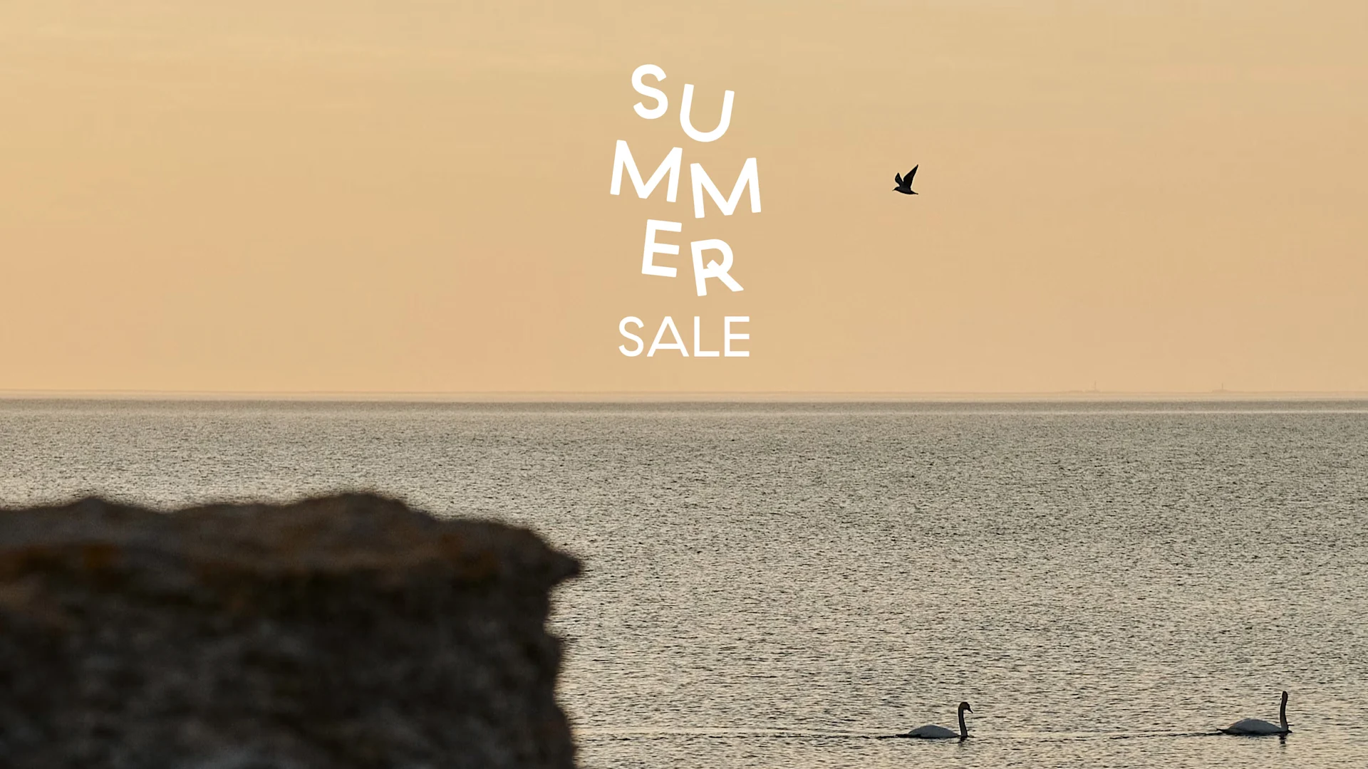 Texto 'Summer Sale' sobre uma serena cena oceânica com dois cisnes nadando e um pássaro voando sob um céu quente.