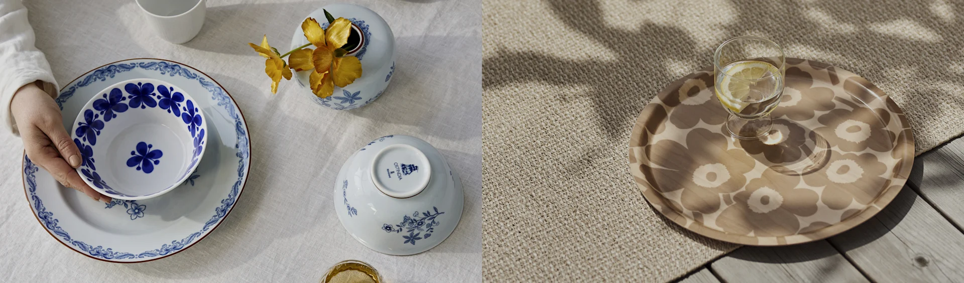 Duas cenas: esquerda, uma mão segura uma tigela azul e branca estampada num prato a condizer com um vaso de flores; direita, um tabuleiro estampado com água de limão.