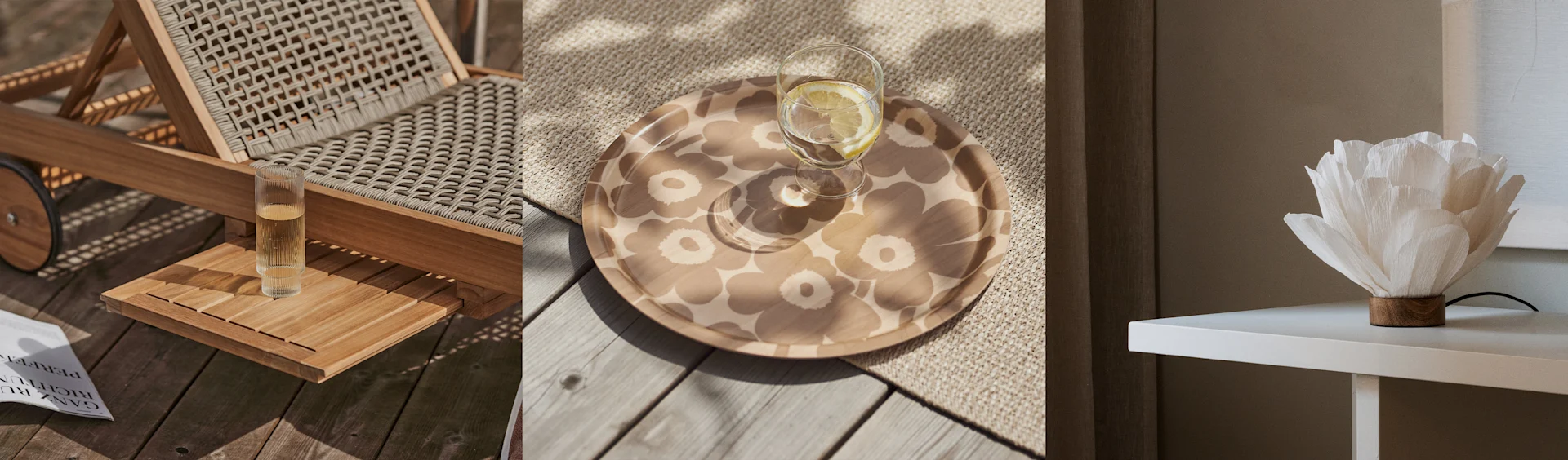 Três painéis. Esquerda: Cadeira de lounge em vime, copo, revista. Centro: Tabuleiro floral com bebida. Direita: Candeeiro branco em forma de flor.